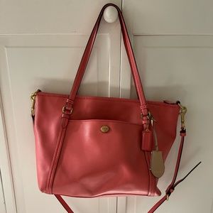 Coach Peyton Leather Jordan Double Zip Carryall Handbag Coral